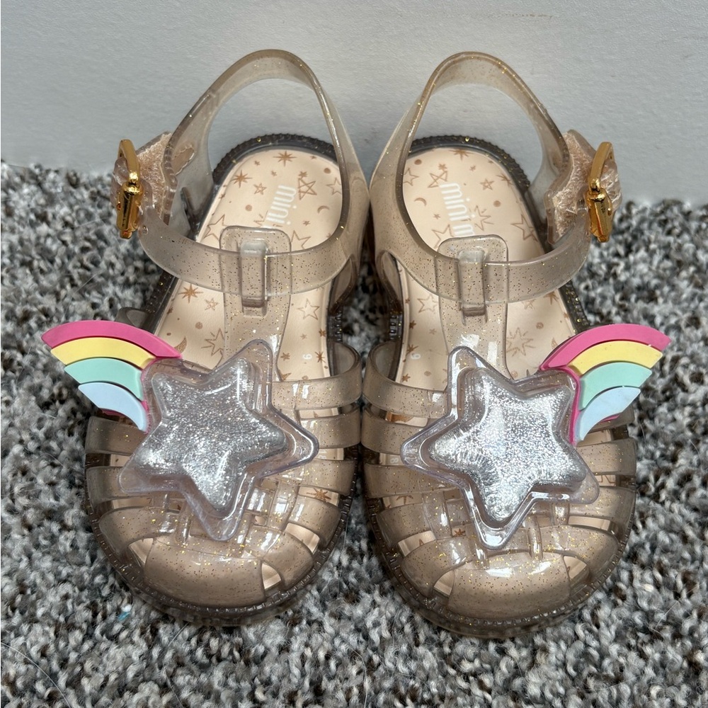 Mini Melissa Glitter Jelly Sandals with Silver Star & Rainbow Wings (Gold)
